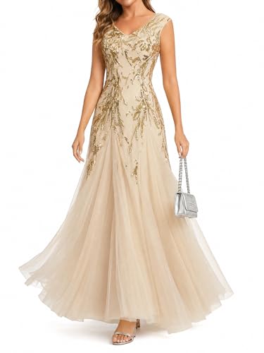 Ever-Pretty Women's Sequin V-Neck Formal Evening Dresses Cap Sleeves Maxi