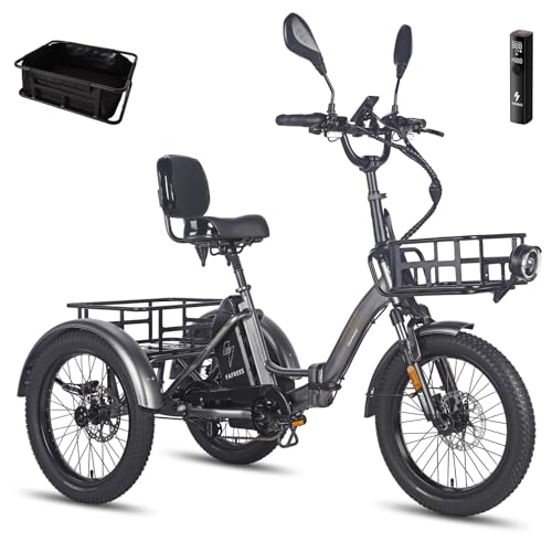 Fafrees F20 Mate Triciclo Eléctrico, Batería de 48 V/23.45 Ah, Alcance 120 KM, Asiento con Respaldo, Cesta Delantera, Triciclo eléctrico Plegable de 20" x 3,0" para Adultos Mayores (Gris)