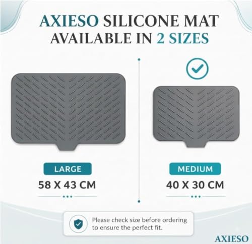 Image of AXIESO Silicone Dish Drying Mat for Kitchen - Built-in Drain Lip | Hygienic Drying Pad - Sturdy Compact Easy to Clean Tray Protects Surfaces Prevents Water Build Up (Gray 40*30 CM)