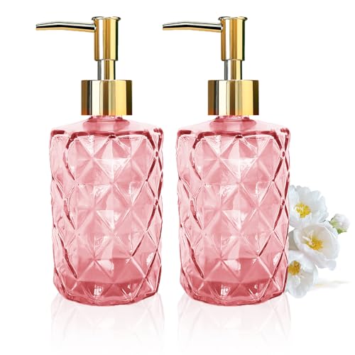 YTDTKJ 2Pack Pink Glass Soap Dispenser, 330ml/11oz Bathroom Shower Conditioner Dispenser Set with Gold Pump, Refillable Kitchen Dish Soap Dispenser Bottle for Hand Sanitizer, Lotion