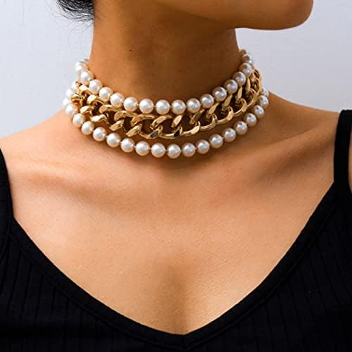 CLOACE Layered Pearl Choker Necklace Gold Chunky Link Chain Necklaces Thick Necklaces Punk Jewelry for Women and Girls(Gold Layered Chain)