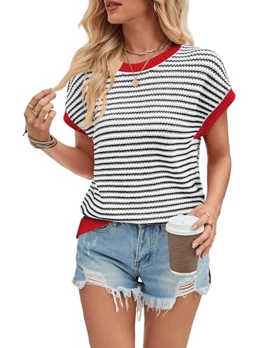 Women's Striped Knit Short Sleeve Sweater Top, Striped Color Matching, Casual Crew Neck Slim Fit