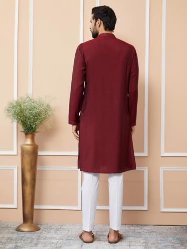 Image of See Designs Men's Long Sleeve Mandarin Collar Side Slit Cream Embroidered Chanderi Silk Straight Kurta with Pyjama