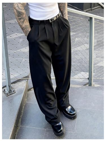Men's Baggy Dress Pants Wide Leg Pleated Pants Zipper Fly Work Office Suit Trouser with Pockets3