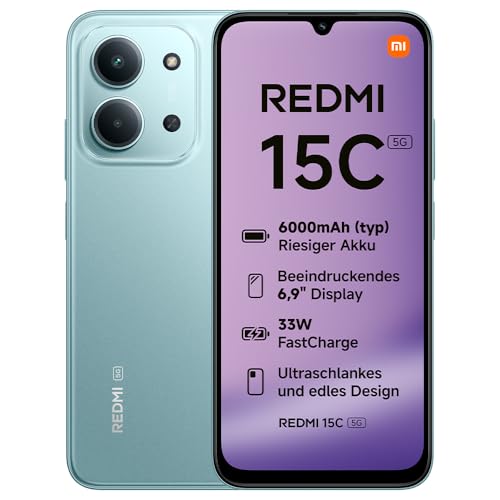 Xiaomi REDMI 15C 5G, Smartphone 4+128GB, 6,9' 120Hz Display, MediaTek Dimensity 6300 Prozessor 6nm Octa-Core, 50MP KI-Dualkamera, 6000mAh, Mintgrün