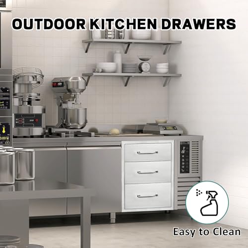 Image of Outdoor Kitchen Drawers 14 inch W x 21 inchH x 21 inchD Stainless Steel Drawer BBQ Triple Drawers with Chrome Handle for Outdoor Kitchen Island, Patio Grill Station