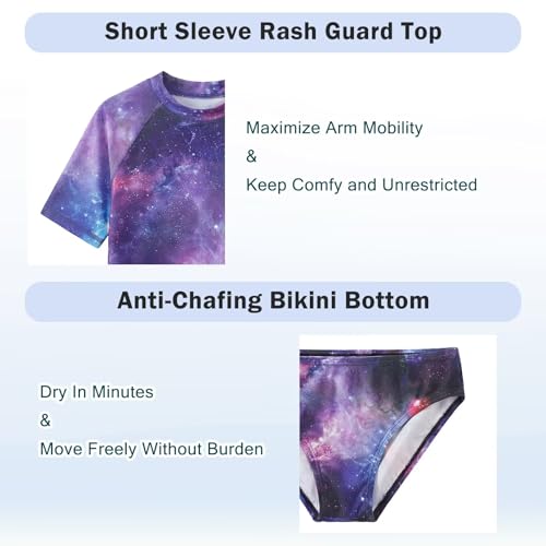 Image of Girls Two Piece Swimsuits Short Sleeve Rash Guard Swim Shirt Bikini Bottom Swim Set Bathing Swim Set Swimwear 3-16 Years