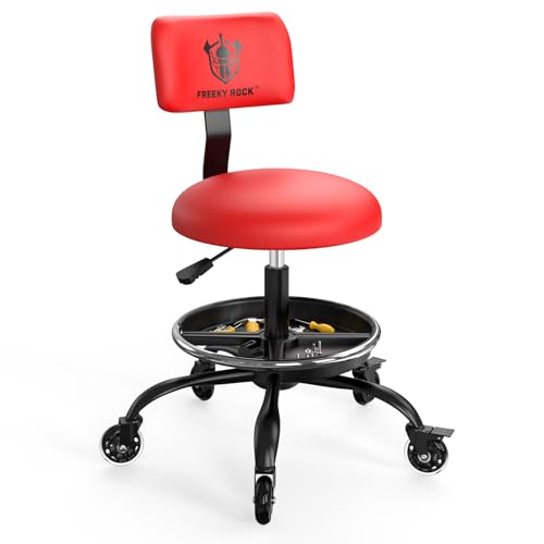 Rolling Shop Stool with Wheels, Garage Mechanic Stool Chair with Backrest, Height Adjustable Heavy Duty Swivel Task Chair, Adjustable Footrest with Storage Tray for Garage Kitchen Salon Tattoo (Red)
