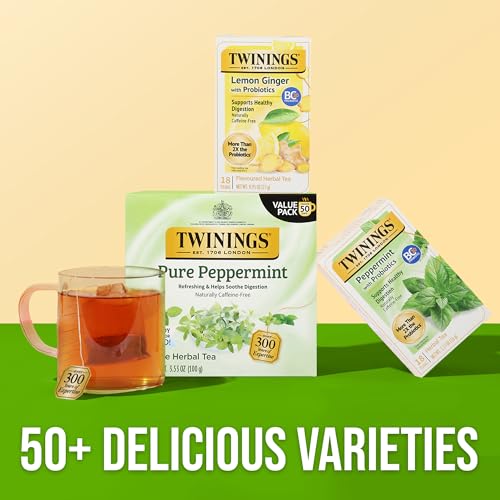Image of Twinings Superblends Probiotics+ Peppermint & Fennel Herbal Tea, 250 Million CFUs per Cup, 18 Tea Bags (Pack of 2), Naturally Caffeine-Free, Enjoy Hot or Iced