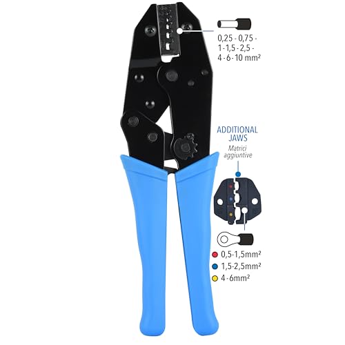 Electraline 59103 Crimpzange mit zusätzlichen austauschbaren Matrizen, geeignet für Aderendhülsen und Öse