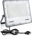 150W LED Flood Lights Plug in, Outdoor Security Lights Fixtures 6500K 15000LM Illumination, IP66 Waterproof White Lighting for Ball Ground, Parking Lot, Pathway, Yard (1 Pack)