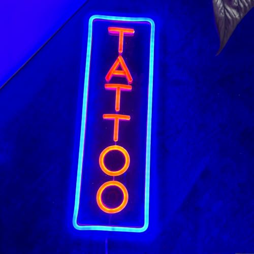 Image of Dimmable Tattoo Neon Sign,LED Reusable Neon Signs,Arylic Ice Blue Tattoo Shop Sign with Dimmer for Tattoo Salon, Studio, Shop Plaque,Tattoo Gifts for Friends,16x5.9in(Blue+Red)