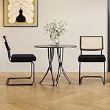KROFEM Modern Cesca Cane Dining Chairs, Set of 2, Handwoven Rattan Cane Back, Chrome Base, Upholstered Boucle Seat, Ideal for Kitchen or Dining Room, Black