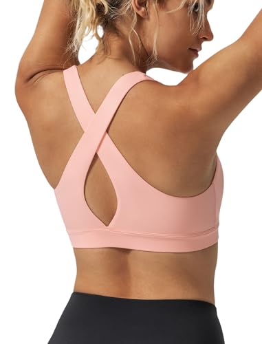 Yvette Yoga Sports Bras for Women Light Support Sexy Criss Cross Back Bra with Removable Pad,Pink,L