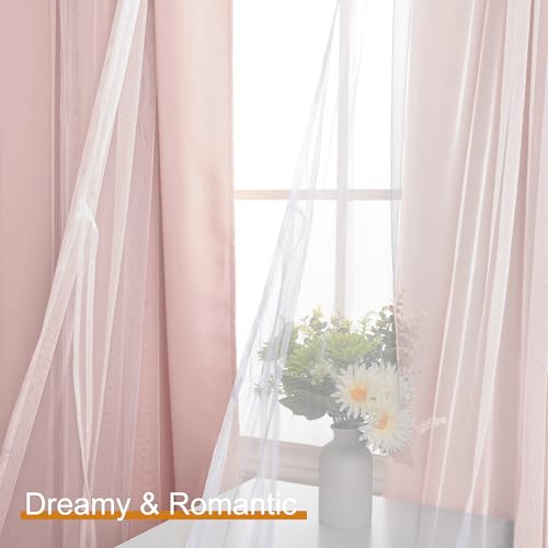 Image of DWCN Pink Blackout Curtains with Sheer Overlay with Tiebacks 96 Inch Long | Floor to Ceiling Double Layer Drapes for Living Room, Girls Bedroom, Nursery, Grommet Top, 52 inch Wx96 inch L, Rose Blush, 2PCS