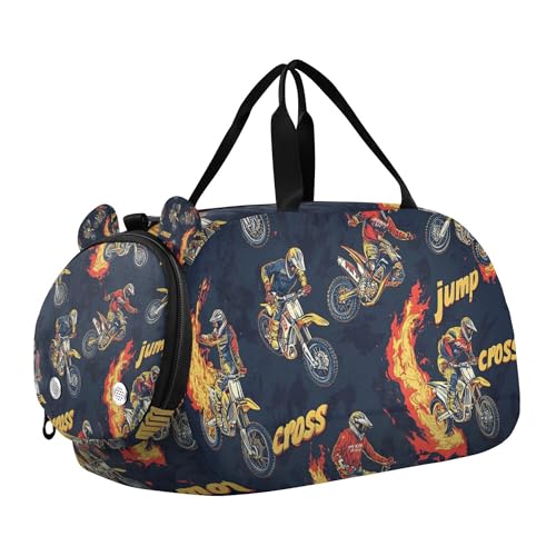 Motocross Fire Sports Duffle Bag for Teens Girls Boys, Gym Bag with Shoe Compartment, Kids Travel Overnight Weekender Shoulder Bag