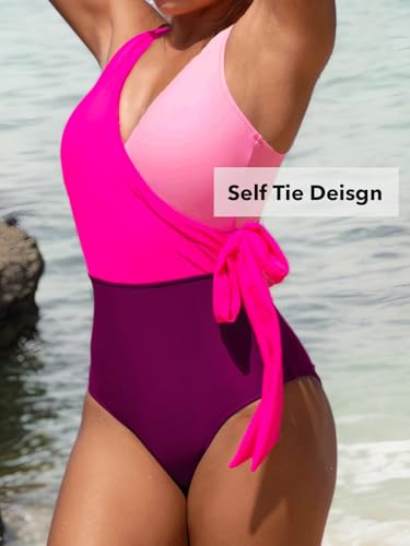 CUPSHE Women's One Piece Swimsuit Color Block Bathing Suit V Neck Wrapped Self Tie Swimwear, L