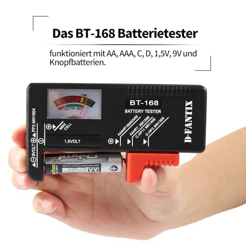 D-FantiX Batterietester, Batterie Akku Volt Checker für AA AAA C D 9V 1.5V Knopfzellen-Batterien (Model: BT-168)