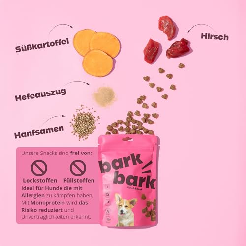 BarkBark Hirsch & Hanf - Premium Hundeleckerli - Monoprotein 75% Hirsch - Glutenfrei & Zuckerfrei - ideal für Allergiker Hunde - zur täglichen Ergänzung als Snack - natürlich Getreidefrei - 150g