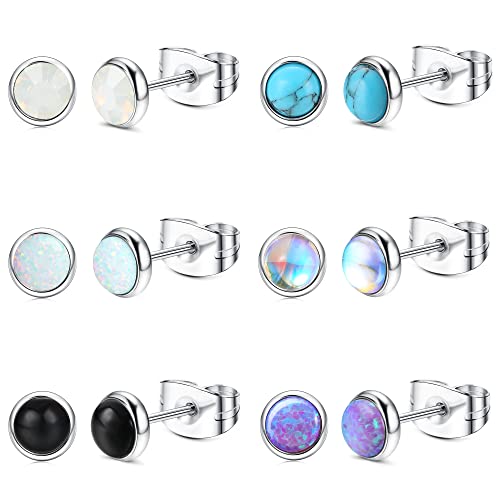 JeryWe 20G 4MM Hypoallergenic Studs Earring Set Moonstone/Turquoise/Round Stud Earrings Stainless Steel Stud Earrings for Women Men 6 Pairs
