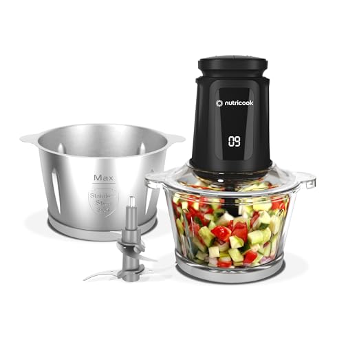 Nutricook 2+2 L XXL Glass & SS Chopper and Mincer 500W - Pulse & 2 speeds 2-Removable 4 SS -Blade for Chopping Ice Crushing Meat Mincing Grinding Pureeing & more - BLk 2 Yr Warranty NC-CH2000
