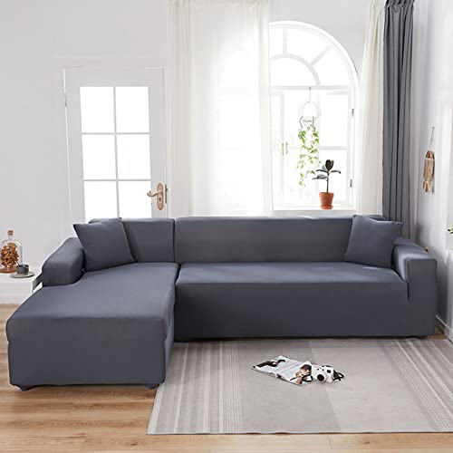 Housse de canapé d'angle en L gris foncé extensible 4 places de haute protection - 2