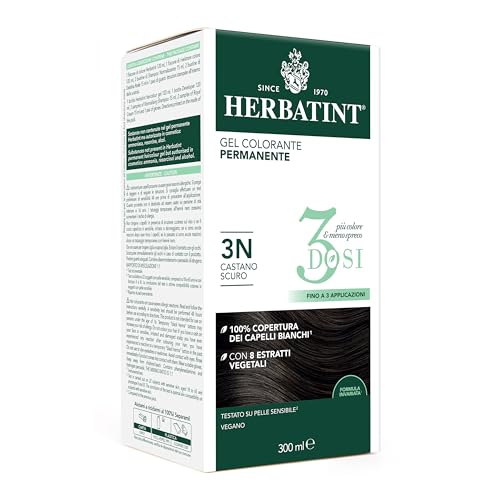 Herbatint Gel colorante permanente 3 dosis, 300 ml – 3N castaño oscuro, sin amoníaco, para pieles sensibles, cobertura 100% de cabellos blancos, con 8 extractos naturales biológicos