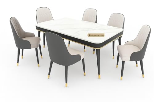 Image of Swiss Modern Dining White Nano Composite Marble Top Table Set with Sheesham Wood Legs, 6 Seater with Upholstered Chairs (71x36x30 Inches)