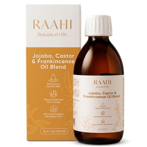 Image of RAAHI Jojoba Oil, Castor Oil and Frankincense Oil Blend for Hair and Skin, 8.45 fl oz / 250 ml, Botanical Moisturizer for Scalp, Face, Body and Hair