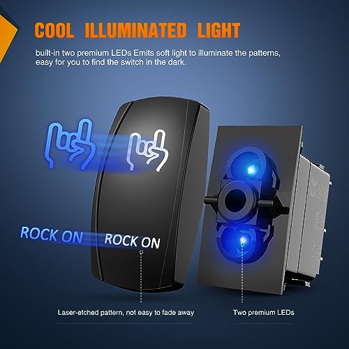 Nilight Rock On Rocker Switch Led Light Bar 5 Pin Laser ON/Off SPST switches 20A/12V 10A/24V Blue with Jumper Wires Set for Cars Trucks Boats ATVs UTVs RVs by Nilight - Image 4