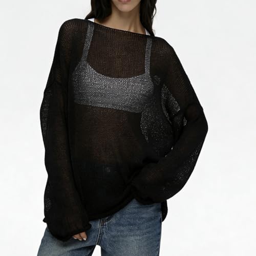 Image of Sweters for Women, Womens Sweater, O-Neck Solid Color See Through Pullover Jumper Shirt Beach