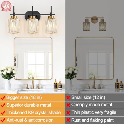 Image of Modern Crystal Bathroom Vanity Light, 3-Light Black & Gold Vanity Lighting Fixture with Clear K9 Crystal Shades, Adjustable Up /Down Installation, E26 Base (Bulbs Not Included)