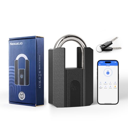 NexusLab Heavy Duty Smart Fingerprint Padlock with Key, IP67 Waterproof Bluetooth Outdoor Gate Lock, Anti-Theft App Control & Log Record, High Security Gym, Fence, Shed, Pool & Storage Unit Locks