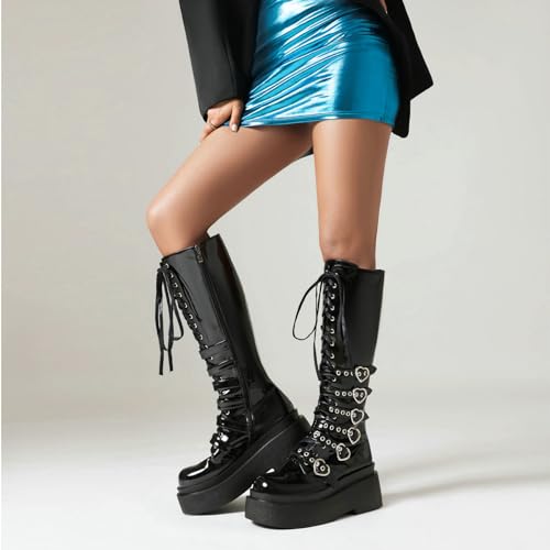 Image of Parisuit Women's Knee High Goth Platform Boots Lace Up Combat Boots | Chunky High Heel, Buckle Boots, Punk Chain Boots