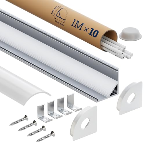 Profilé Alu pour Ruban LED 1m 10 Pièces, Rail LED avec Diffuseur LED Blanc Opale, profilé led encastrable/apparent pour un Éclairage Doux et Homogène,...