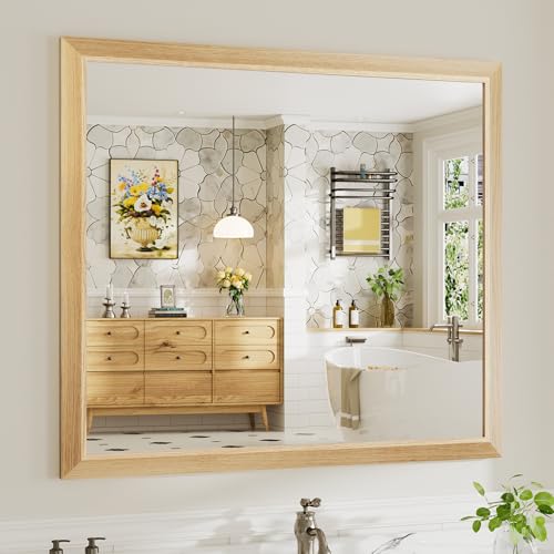 Image of 40x36 Inch Bathroom Mirror for Wall, Anti-Rust Oak Wood Grain Metal Framed Bathroom Mirrors for Over Sink,Rectangler Mirrors for Bathroom Vanity, Farmhouse, Bedroom, Living Room, Entryway Decor