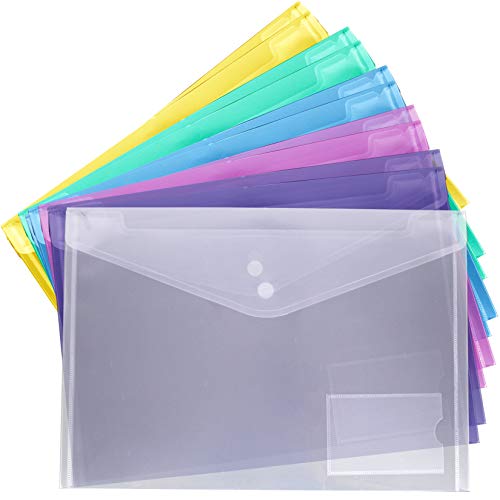 Plastic Envelopes Poly Envelopes 11 Pack, Filly Wink Clear Filing Envelopes US Letter A4 Size Transparent File Folders with Label Pocket& Snap Closure,School Home Office Organizer,Assorted Colors