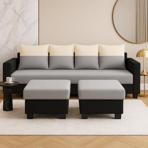 Image of SOCOZI Konva 6 Seater L Shape Sofa Set with 2 Movable Ottomans | Flexible Layout | Soft Velvet Suede Fabric | Modern Design | Plush Comfort Cushions for Living Room (Light Grey-Cream-Black)