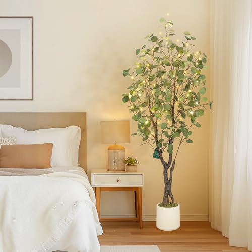GarveeHome Artificial Eucalyptus Tree Indoor, 5ft Tall Fake Artificial Plant with White Planter,Large Faux Floor Plant Fake Silk Trees with 50 Lights Artificial Trees for Home Decor Indoor