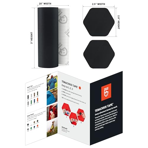 Image of GEAR AID Tenacious Tape 3 inch x 20 inch Nylon Repair + 2 Hex Patches, Black | Peel-and-Stick Repair Tape That Fixes Holes and Rips in Puffy Jackets, Rain Gear, Tents, Sleeping Bags and Outdoor Gear.