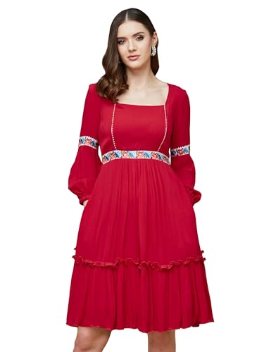 Image of Life with Pockets Women's Square Neck Bishop Sleeves Viscose Rayon Solid Gathered Midi Dress