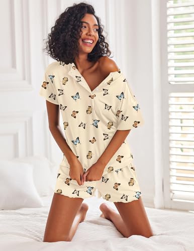 Image of Ekouaer Pajamas Set for Women Short Sleeve Lounge Set 2 Piece Loungewear PJs Soft Cute Lightweight Sleepwear