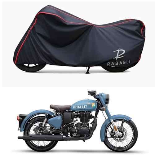 Image of Waterproof Bike Body Cover Compatible for | Royal Enfie Classic 350 | Taffeta Fabric, Red Piping Design, Bottom Elastic Fit | Dustproof, Sun UV & Rain Protection for All Bikes