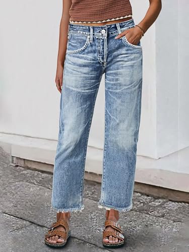 Flamingals Straight Leg Crop Jeans for Women Wash Raw Hem Mid Waist Jeans3