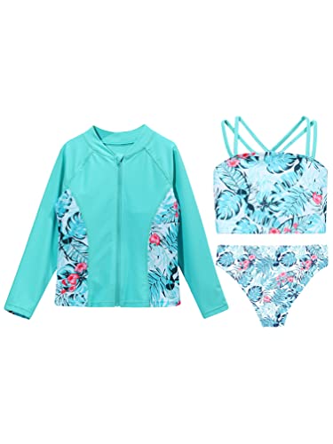 Linjinx Kids Girls 3 Piece Long Sleeve Rash Guard Sets Floral Bikini with UPF 50+ Zip Rushguard Shirt Swimwear Bathing Suit3