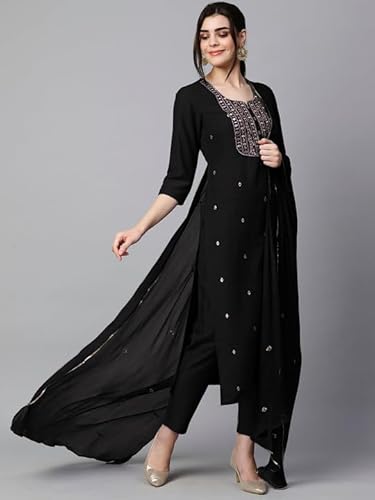 جوسريكي كورتا بقصة مستقيمة مطرزة من مزيج القطن مع بنطلون ووشاح دوباتا للنساء (كاستوري اسود-APL-GS_5XL_اسود_XXXXX-L)