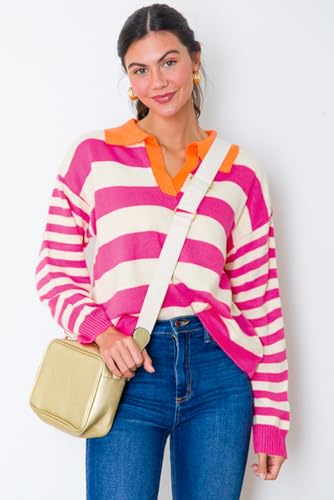 Women's Rose Stripe Color Block Collared V Neck Drop Shoulder Sweater4