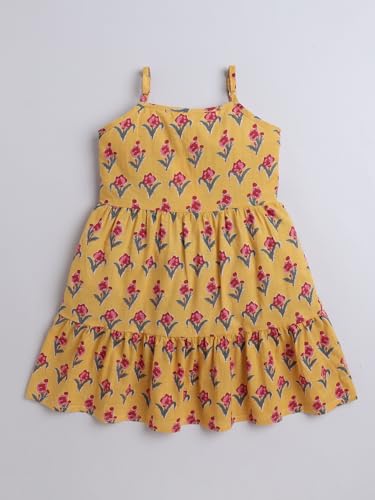 Image of The Magic Wand Kids Girls Printed Casual Dresses, Knee Length Singlet Strap Fit & Flared Cotton Once Piece Stylish Frocks for Summer Season