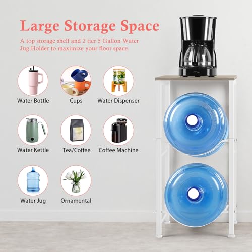5 Gallon Water Bottle Holder Rack 2 Tier Water Jug Holder Stand with Storage Shelf, 2 Slots 5 Gal Water Cooler Jug Rack for Home, Office, Garage Organizer, Light Grey - Thumbnail 5