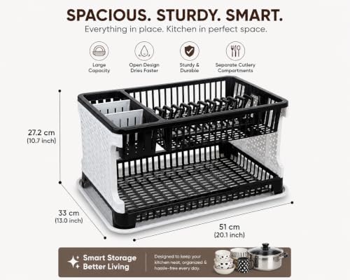 Image of JD FRESH 2 Tier Dish Drying Rack for Kitchen /Plastic Foldable Cutlery Holder for Countertop Rack /Compact Size Utensil Drainer Organizer with Water Tray /Space Saving Plate Stand (Black)
